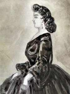 Studie einer Frau im Halbprofil, Hände in den Taschen, Profil nach links von Constantin Guys