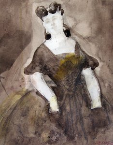 Studie einer Frau in Halbfigur, Kleid mit Dekolleté, Hände in den Taschen von Constantin Guys