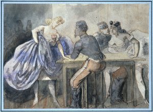 Szene in einem öffentlichen Haus, zwei Frauen und zwei Soldaten um einen Tisch, links hinten weitere Silhouetten von Frauen und Männern von Constantin Guys