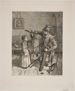 Ein Jäger zeigt einem kleinen Mädchen seine Beute von Constantin Hansen