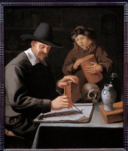 Der Maler und sein Schüler. Ein Lehrling beobachtet seinen Meister beim Zeichnen in einem Notizbuch. Gemälde (Vanitas) von Constantin Verhout (oder Voorhout)