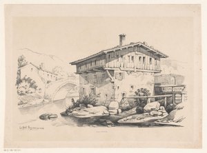 Haus und Wassermühle im Bergdorf