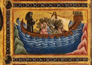Bardi St. Franziskus Altarbild und zwanzig Geschichten seines Lebens, Die Bardi-Kapelle, Detail des Heiligen, der ein Boot rettet, das Ancona verlassen hatte von Coppo di Marcovaldo