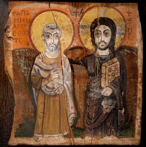 Koptische Kunst: Christus und Abt Mena. Fragment eines Gemäldes auf Holz (6. oder 7. Jahrhundert) von Coptic