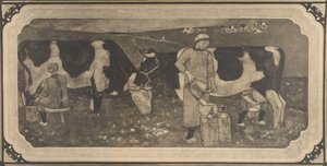 Fotoreproduktion eines Entwurfs mit Bäuerinnen und Kühen für ein Buntglasfenster von Richard Roland Holst
