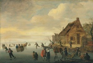 Winterlandschaft mit pferdegezogenen Schlitten und Figuren, die auf einem zugefrorenen See in einem ländlichen Dorf Schlittschuh laufen