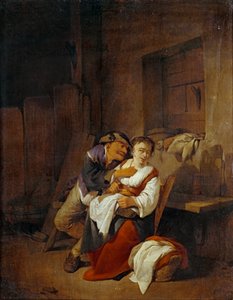 Alter Mann neckt eine junge Frau in einem Innenraum von Cornelis Bega
