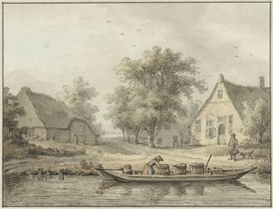 Landschaft mit vertäutem Boot mit Fässern