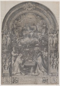 Die Krönung der Jungfrau mit St. Laurentius, St. Paulus, St. Petrus und St. Sixtus, 1576 von Cornelis Cort