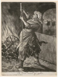 Eine Frau zündet eine Leuchtrakete, Blatt 5 der Folge "Allgemeine Freude über die Belagerung von Namur durch Wilhelm III. 1695" von Cornelis Dusart
