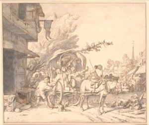 Marktszene mit betrunkenen Bauern in einem Wagen vor einem Wirtshaus von Cornelis Dusart