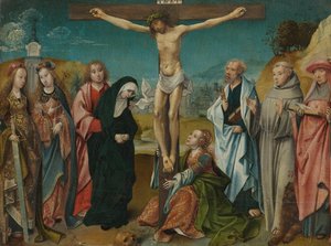 Christus am Kreuz mit Maria, Johannes, Maria Magdalena und den Heiligen Cäcilia und Barbara (links) und Petrus, Franziskus und Hieronymus (rechts) von Cornelis Engebrechtsz