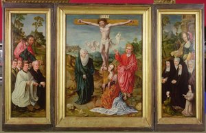 Triptychon der Kreuzigung: St. Barbara mit Stiftern (rechter Flügel); St. Jakobus der Ältere mit Stiftern (linker Flügel); Die Kreuzigung (Mitte)