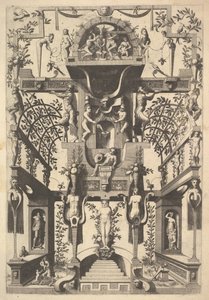 Fantastische Architekturstruktur mit Riemenwerk und zwei Pergolen und einer kleinen Szene mit Vu von Cornelis Floris Ii