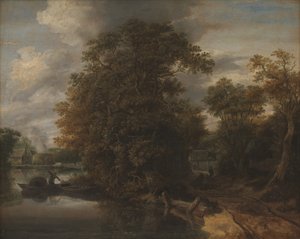 Landschaft an einem Fluss. Im Hintergrund ein Kalkofen