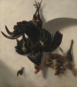 Stillleben mit schwarzem Hahn und zwei Kaninchen