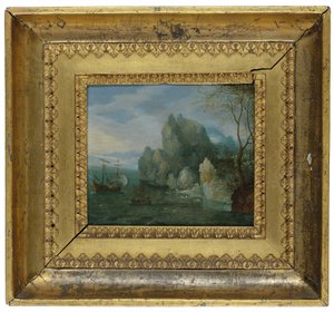 Eine felsige Küstenlandschaft mit Figuren am Ufer und einer vertäuten Galeere