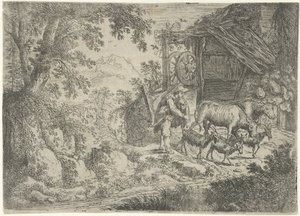 Hirte mit Ziegen und Kühen