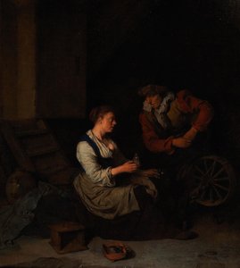 Ein Kavalier und eine Frau am Spinnrad, 1662 von Cornelis Pietersz. Bega