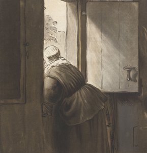 Eine Frau, die sich auf die untere Tür lehnt, nach Rembrandt van Rijn