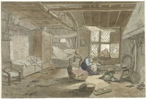 Interieur mit Frau bei Wiege