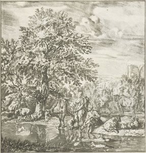 Hirte und Hirtin mit Herde an einem Fluss (Prentwerk)