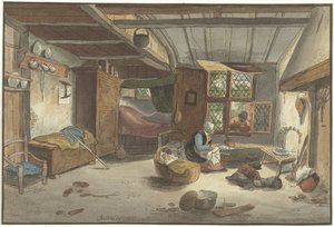Interieur mit Frau bei Wiege von Cornelis Ploos van Amstel