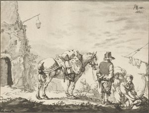 Mann mit Pferd bei Wäscherin