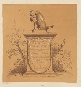 Stehender Putto auf einem Denkmal mit Widmung an Jonas Witsen von Cornelis Ploos van Amstel