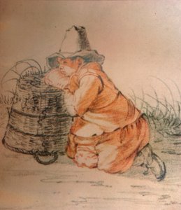 Ein Junge ruht auf einem Korb von Cornelis Saftleven