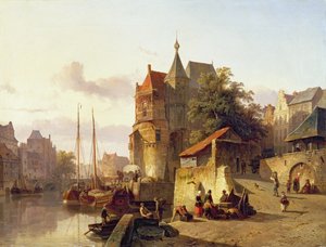 Befestigte Gebäude am Ufer eines Kanals von Cornelis Springer