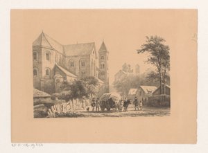 Rinder mit Wagen vor einer Kirche aus dem 11. Jahrhundert von Cornelis Springer