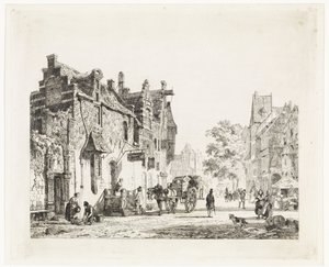 Stadtansicht mit Pferdewagen von Cornelis Springer