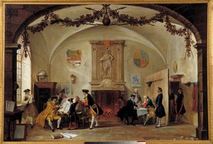 Allegorie des Krieges gegen Frankreich. Niederländische Soldaten studieren Strategien während des Spanischen Erbfolgekrieges (1701-1714) zwischen Frankreich und Spanien und einer Koalition aus England, den Niederlanden und Preußen. Gemälde von Cornelis Tro