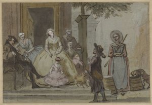 Drehleierspieler vor einer lauschenden Familie auf der Treppe eines Stadthauses von Cornelis Troost