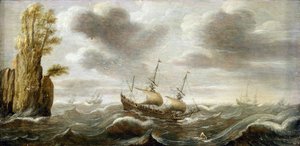 Niederländisches Boot auf stürmischer See, das sich von einem Felsen dreht, mit Vegetation auf dem Gipfel, andere Boote am Horizont