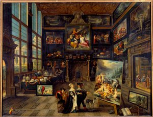 Innenansicht einer Galerie mit Gemälden und Kunstwerken. Gemälde von Cornelis de Baellieur, 1637