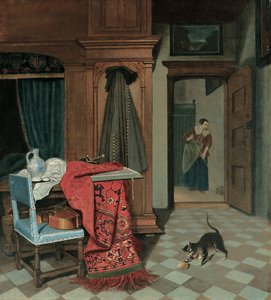 Innenraum mit Teppich, Schwert und Krug auf einem Tisch, Cello auf einem Stuhl, Mantel an einem Schrank, Katze spielt mit einem Ball, Magd im Hintergrund von Cornelis de Man