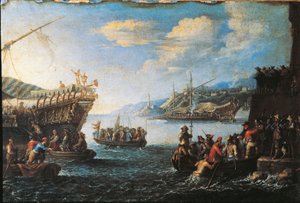 Truppen, die im Hafen von Genua auf eine Galeere einschiffen von Cornelis de Wael