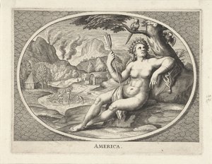 Weibliche Personifikation des Kontinents Amerika als Frau mit Federschmuck und Pfeil in einer Landschaft von Cornelis van Dalen (II)