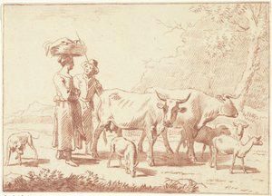 Hirte und eine Frau mit Kühen und Schafen