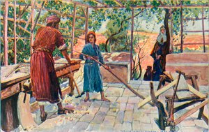 Jesus arbeitet zu Hause mit Joseph und Maria