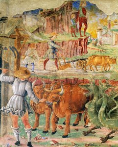 Landwirtschaftliches Bild, Detail aus Triumph der Ceres, Szene aus dem Monat August, ca. 1470, zugeschrieben Cosimo Tura und Meister von Ercole, Fresko, Nordwand, Halle der Monate, Palazzo Schifanoia, Ferrara, Emilia-Romagna, Italien von Cosimo (attr. to) Tura