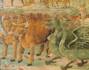 Drachen und Bilder des Landlebens, Detail aus Triumph der Ceres, Szene aus dem Monat August, zugeschrieben Cosimo Tura und Meister von Ercole, Fresko, Nordwand, Halle der Monate, Palazzo Schifanoia, Ferrara, Italien, um 1470 von Cosimo (attr. to) Tura