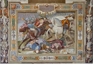 Schlachtenszene, aus den Taten von Gottfried von Bouillon bei der Eroberung Jerusalems, ca. 1589-94