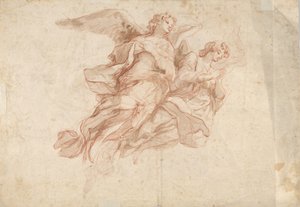 Zwei fliegende Engel, verso: Gottvater auf den Wolken sitzend und eine Skizze einer fliegenden Figur, ca. 1720 von Cosmas Damian Asam