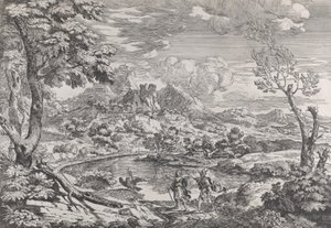 Landschaft mit einem Mann, der Merkur den Adler des Jupiter zeigt, ca. 1695-99