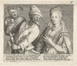 Aura versucht Harlekin zu verführen (Mimicarum aliquot facetiarum icones ad habitum Italicum expressi) von Crispijn van de Passe (I)