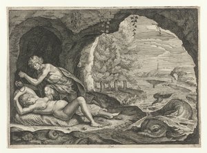 Peleus schleicht sich an die schlafende Thetis heran