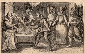 Eine Backgammon-Partie mit wandernden Spielern - Niederländische Kupferstichgravur; aus einer Serie von Drucken, Hortus Voluptatem, von Crispin de Passe (1550-1643) - Ein Paar spielt Backgammon, überrascht von fünf maskierten Männern, Gravur von Crispin de von Crispin I de Passe